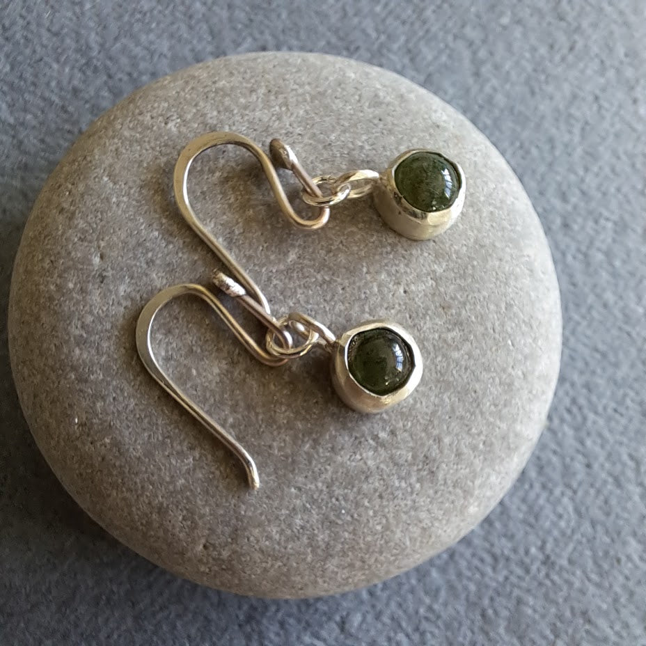 Carole Ramsden Silver - Melted moss green sea glass cabochon earrings