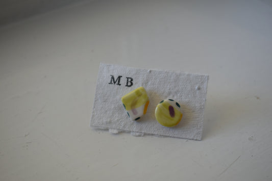 Matilda Belle Ceramic Jewellery - mismatched lime geo design stud earrings