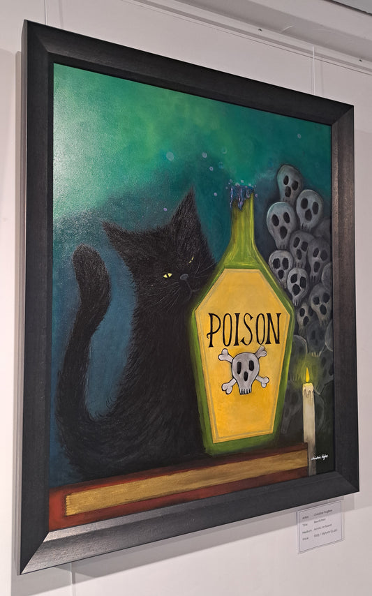 Christine Hughes - 'Bewitched', Black Cat in whimsical witchcraft Original Painting