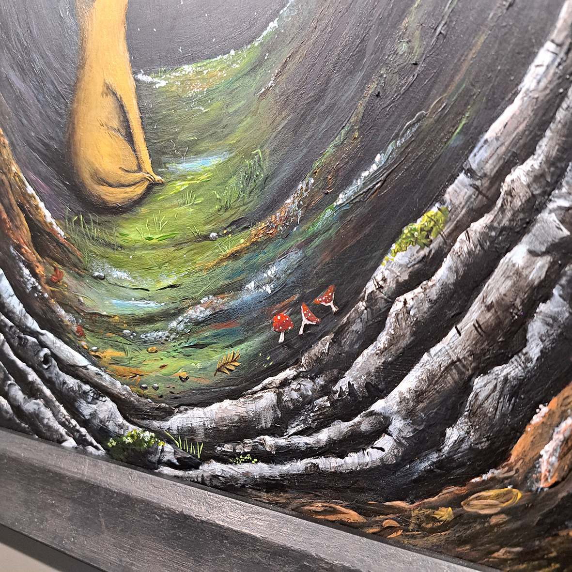 Christine Hughes - First Snow, Magical Forest with golden Labrador, Enchantment Collection. Original Painting