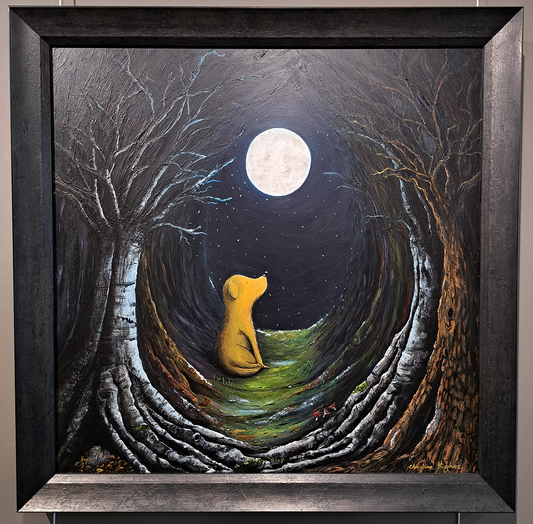 Christine Hughes - First Snow, Magical Forest with golden Labrador, Enchantment Collection. Original Painting