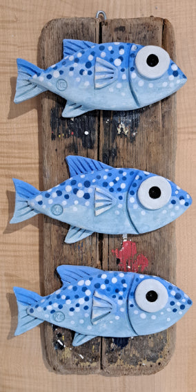 Kate Ellis - Three Ceramic Fish on Wood Hanging Decoration