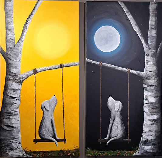 Christine Hughes - Moonstruck Dog on a swing at night