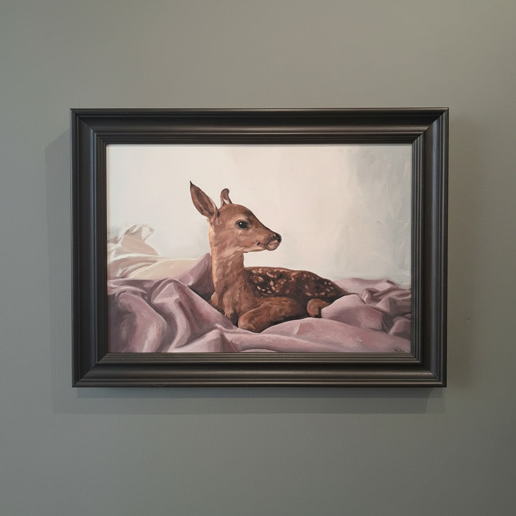 This painting of a young fawn resting on soft blankets is a work about tenderness and emotional comfort.
There is a vulnerability with the fawn not being in its usual outdoor space and instead wrapped in blankets. This narrative suggests protection, care, and healing. The fawn is being sheltered from the world and given comfort and safety.

There is a gentleness to the painting, with the calm colours and soft textures inviting a sense of tranquility, encouraging the viewer to slow down and appreciate quiet 