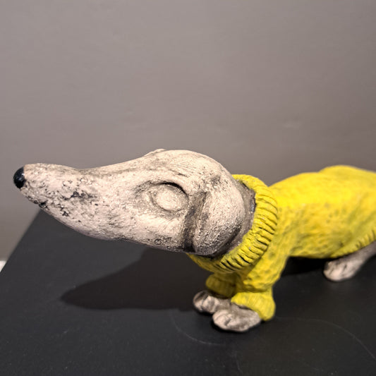 Christine Hughes Sculptures - Daschund with yellow jumper