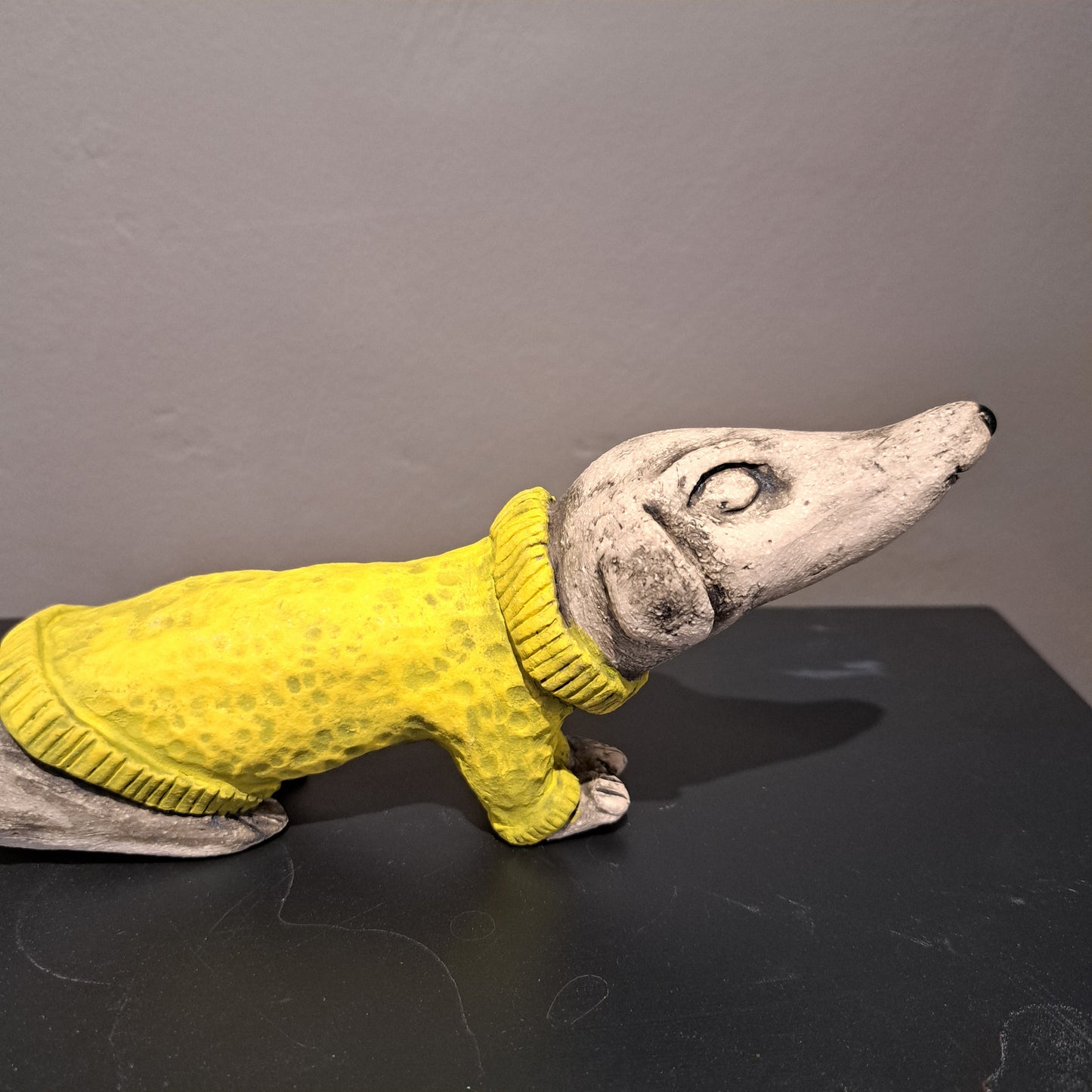 Christine Hughes Sculptures - Daschund with yellow jumper