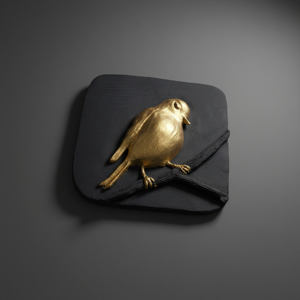 Steve Page - Charcoal Black Jesmonite 23.5 carat gold leaf, bird wall plaque
