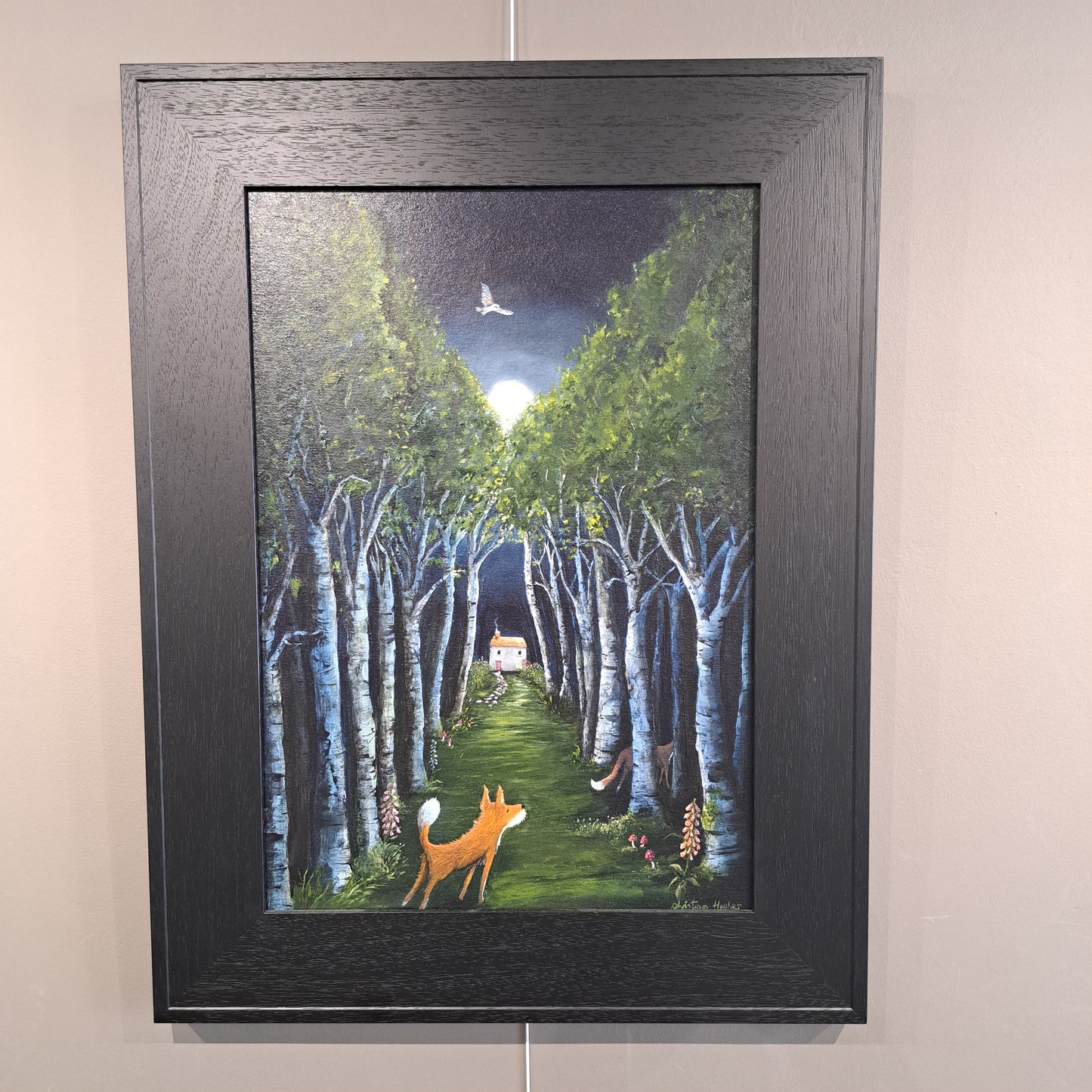 Christine Hughes - Moonlit Encounter, Magical Forest with foxes and barn owl, Enchantment Collection. Original Painting