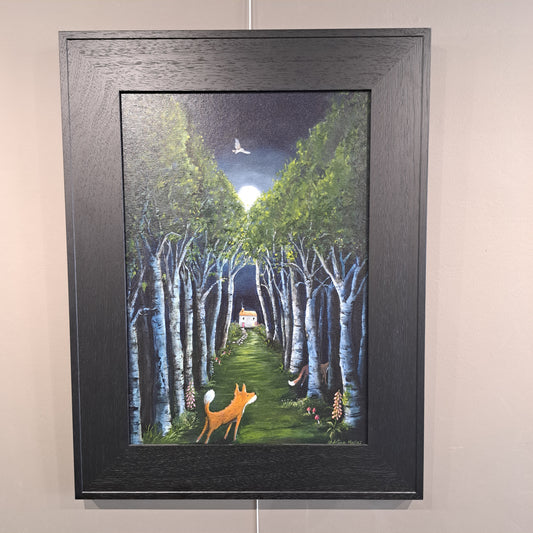 Christine Hughes - Moonlit Encounter, Magical Forest with foxes and barn owl, Enchantment Collection. Original Painting