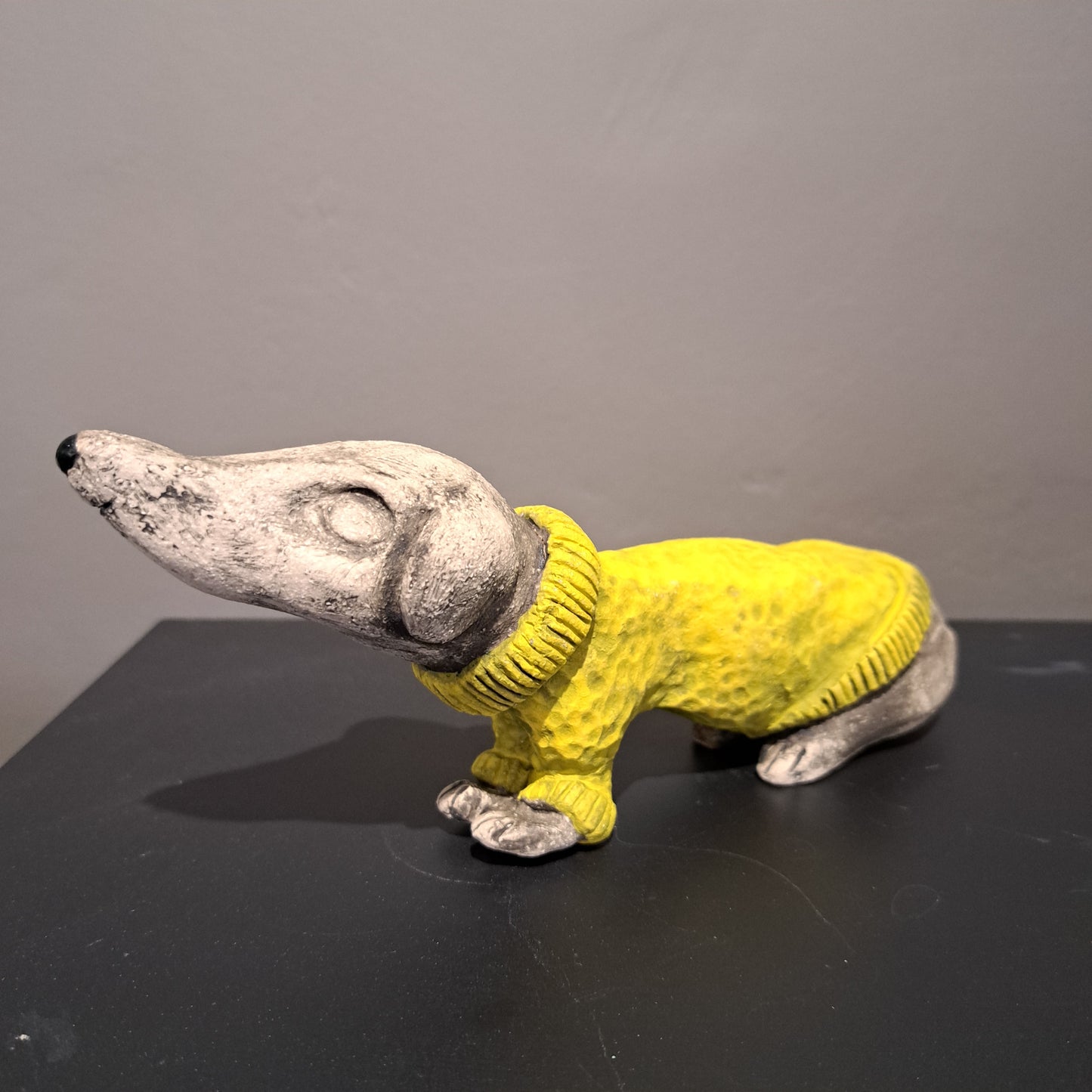 Christine Hughes Sculptures - Daschund with yellow jumper