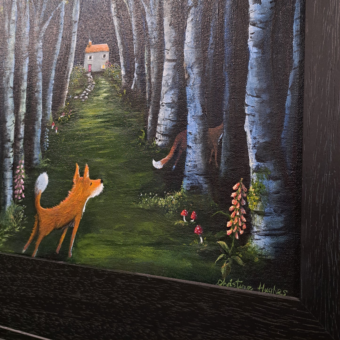 Christine Hughes - Moonlit Encounter, Magical Forest with foxes and barn owl, Enchantment Collection. Original Painting