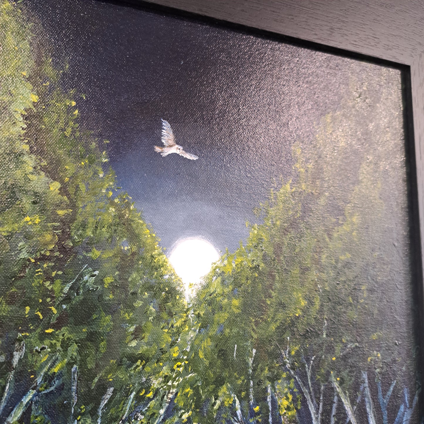 Christine Hughes - Moonlit Encounter, Magical Forest with foxes and barn owl, Enchantment Collection. Original Painting