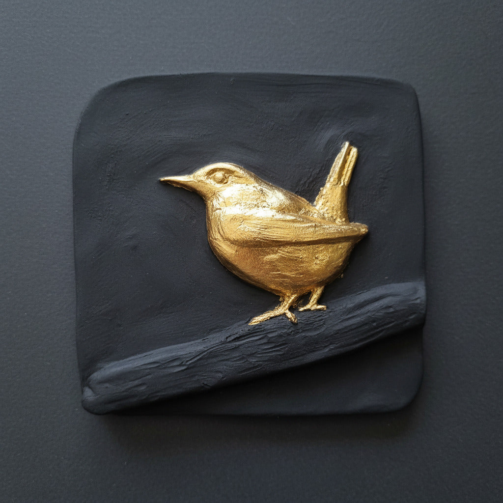 gold wrensat on branch jesmonite black with 23.5 gold leaf