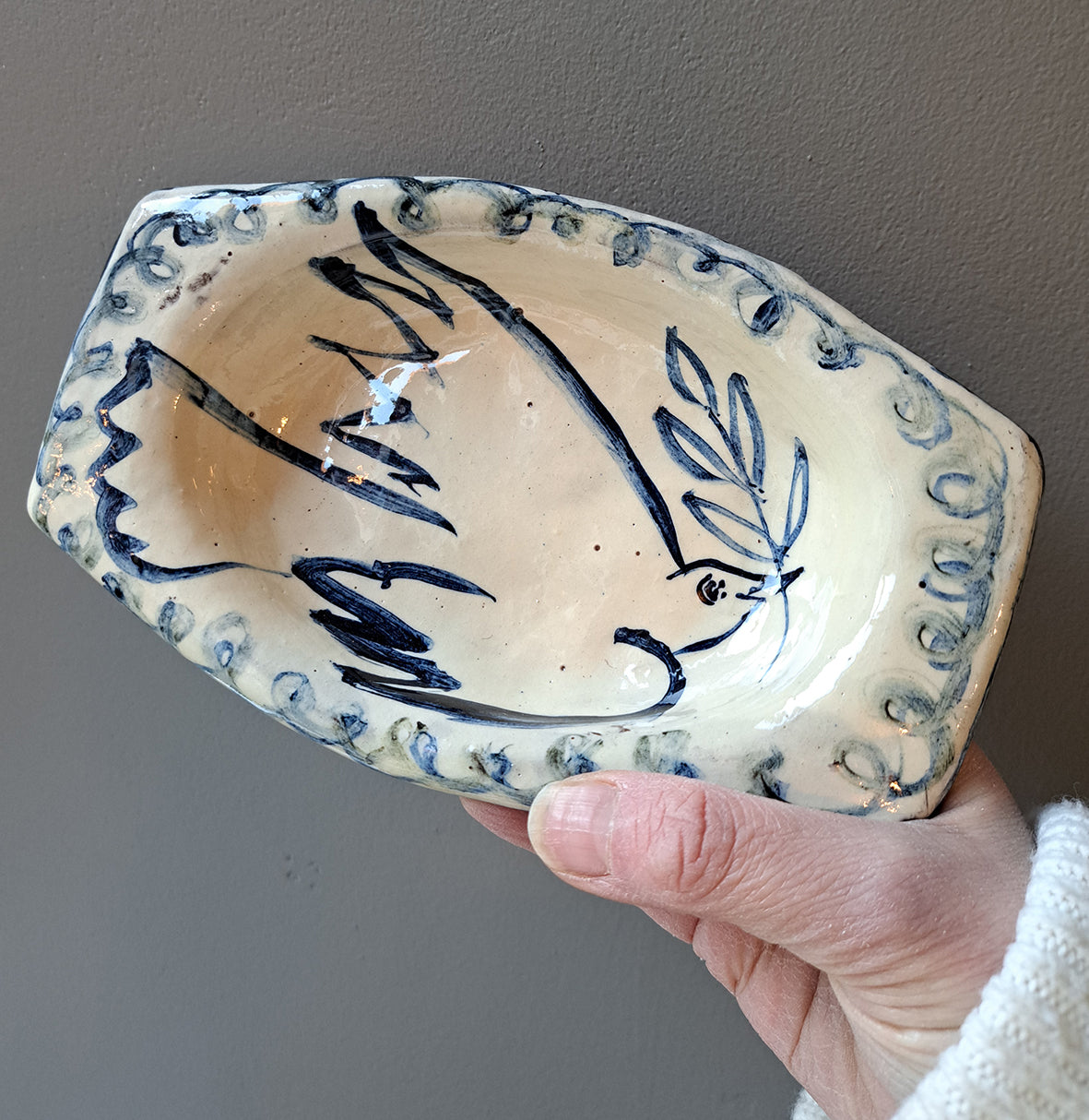 Adrift Pottery - Small Slipware Peace Dove trinket footed dish