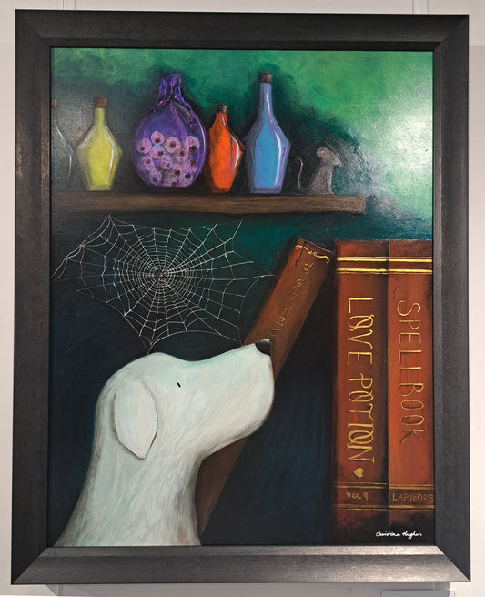 Christine Hughes - 'Spellbound', Labrador in whimsical witchcraft Original Painting